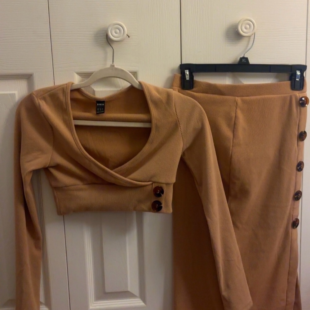 Camel Ribbed 2-Piece Set | Cropped Wrap Top + Midi Skirt | Size Small | NWOT